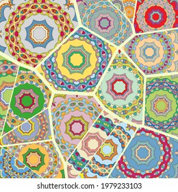 Vector patchwork quilt pattern. Vintage decorative collage. Hand drawn background. Indian, Arabic, Turkish motifs for printing on fabric or paper. Abstract colorful doodle pattern in mosaic style