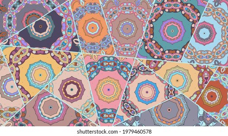 Vector patchwork quilt pattern. Vintage decorative collage. Hand drawn background. Indian, Arabic, Turkish motifs for printing on fabric or paper. Abstract colorful doodle pattern in mosaic style