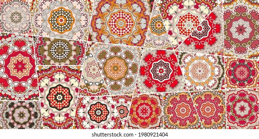 Vector patchwork quilt pattern. Vintage decorative collage. Hand drawn background. Indian, Arabic, Turkish motifs for printing on fabric or paper. Abstract colorful doodle pattern in mosaic style