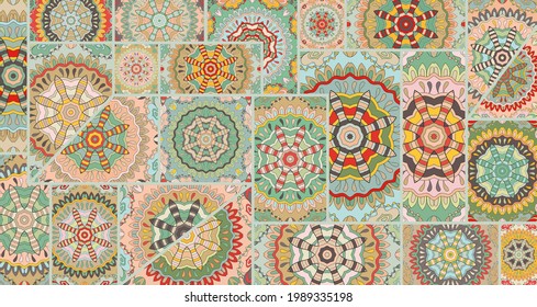 Vector patchwork quilt pattern. Vintage decorative collage. Hand drawn background. Indian, Arabic, Turkish motifs for printing on fabric or paper. Abstract colorful doodle pattern in mosaic style