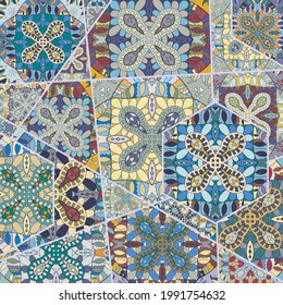Vector patchwork quilt pattern. Vintage decorative collage. Hand drawn background. Indian, Arabic, Turkish motifs for printing on fabric or paper. Abstract colorful doodle pattern in mosaic style
