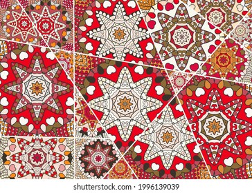 Vector patchwork quilt pattern. Vintage decorative collage. Hand drawn background. Indian, Arabic, Turkish motifs for printing on fabric or paper. Abstract colorful doodle pattern in mosaic style