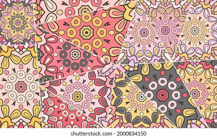 Vector patchwork quilt pattern. Vintage decorative collage. Hand drawn background. Indian, Arabic, Turkish motifs for printing on fabric or paper. Abstract colorful doodle pattern in mosaic style