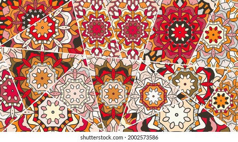 Vector patchwork quilt pattern. Vintage decorative collage. Hand drawn background. Indian, Arabic, Turkish motifs for printing on fabric or paper. Abstract colorful doodle pattern in mosaic style