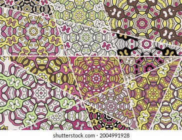 Vector patchwork quilt pattern. Vintage decorative collage. Hand drawn background. Indian, Arabic, Turkish motifs for printing on fabric or paper. Abstract colorful doodle pattern in mosaic style