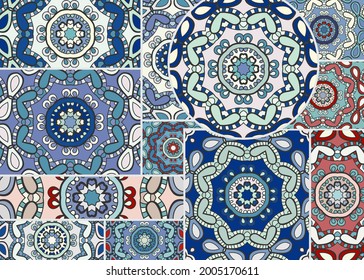Vector patchwork quilt pattern. Vintage decorative collage. Hand drawn background. Indian, Arabic, Turkish motifs for printing on fabric or paper. Abstract colorful doodle pattern in mosaic style