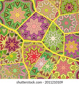 Vector patchwork quilt pattern. Vintage decorative collage. Hand drawn background. Indian, Arabic, Turkish motifs for printing on fabric or paper. Abstract colorful doodle pattern in mosaic style