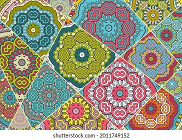 Vector patchwork quilt pattern. Vintage decorative collage. Hand drawn background. Indian, Arabic, Turkish motifs for printing on fabric or paper. Abstract colorful doodle pattern in mosaic style