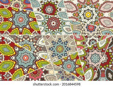 Vector patchwork quilt pattern. Vintage decorative collage. Hand drawn background. Indian, Arabic, Turkish motifs for printing on fabric or paper. Abstract colorful doodle pattern in mosaic style