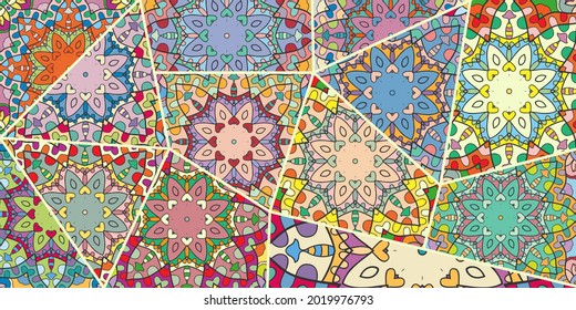 Vector patchwork quilt pattern. Vintage decorative collage. Hand drawn background. Indian, Arabic, Turkish motifs for printing on fabric or paper. Abstract colorful doodle pattern in mosaic style