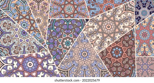 Vector patchwork quilt pattern. Vintage decorative collage. Hand drawn background. Indian, Arabic, Turkish motifs for printing on fabric or paper. Abstract colorful doodle pattern in mosaic style
