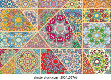 Vector patchwork quilt pattern. Vintage decorative collage. Hand drawn background. Indian, Arabic, Turkish motifs for printing on fabric or paper. Abstract colorful doodle pattern in mosaic style