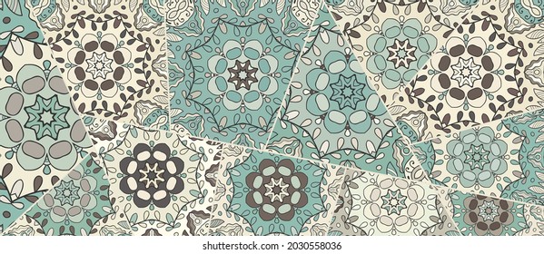 Vector patchwork quilt pattern. Vintage decorative collage. Hand drawn background. Indian, Arabic, Turkish motifs for printing on fabric or paper. Abstract colorful doodle pattern in mosaic style