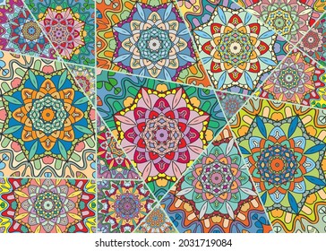 Vector patchwork quilt pattern. Vintage decorative collage. Hand drawn background. Indian, Arabic, Turkish motifs for printing on fabric or paper. Abstract colorful doodle pattern in mosaic style