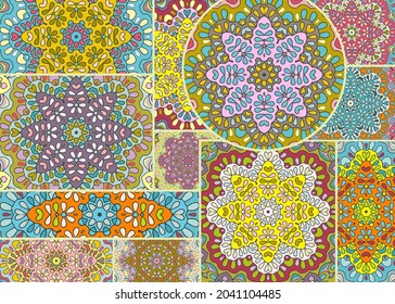 Vector patchwork quilt pattern. Vintage decorative collage. Hand drawn background. Indian, Arabic, Turkish motifs for printing on fabric or paper. Abstract colorful doodle pattern in mosaic style