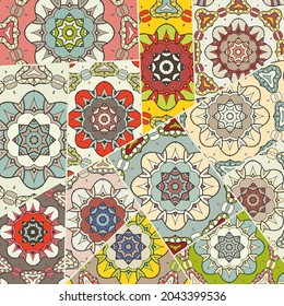 Vector patchwork quilt pattern. Vintage decorative collage. Hand drawn background. Indian, Arabic, Turkish motifs for printing on fabric or paper. Abstract colorful doodle pattern in mosaic style