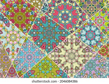 Vector patchwork quilt pattern. Vintage decorative collage. Hand drawn background. Indian, Arabic, Turkish motifs for printing on fabric or paper. Abstract colorful doodle pattern in mosaic style