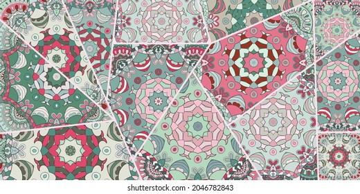 Vector patchwork quilt pattern. Vintage decorative collage. Hand drawn background. Indian, Arabic, Turkish motifs for printing on fabric or paper. Abstract colorful doodle pattern in mosaic style