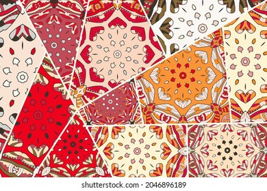 Vector patchwork quilt pattern. Vintage decorative collage. Hand drawn background. Indian, Arabic, Turkish motifs for printing on fabric or paper. Abstract colorful doodle pattern in mosaic style