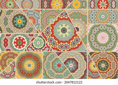 Vector patchwork quilt pattern. Vintage decorative collage. Hand drawn background. Indian, Arabic, Turkish motifs for printing on fabric or paper. Abstract colorful doodle pattern in mosaic style