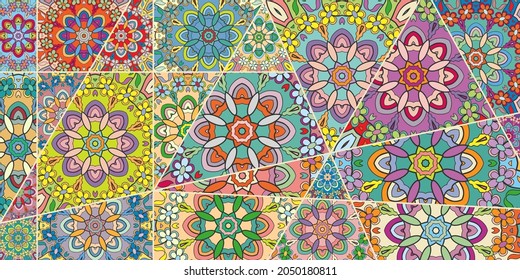 Vector patchwork quilt pattern. Vintage decorative collage. Hand drawn background. Indian, Arabic, Turkish motifs for printing on fabric or paper. Abstract colorful doodle pattern in mosaic style