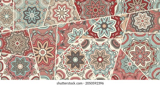 Vector patchwork quilt pattern. Vintage decorative collage. Hand drawn background. Indian, Arabic, Turkish motifs for printing on fabric or paper. Abstract colorful doodle pattern in mosaic style