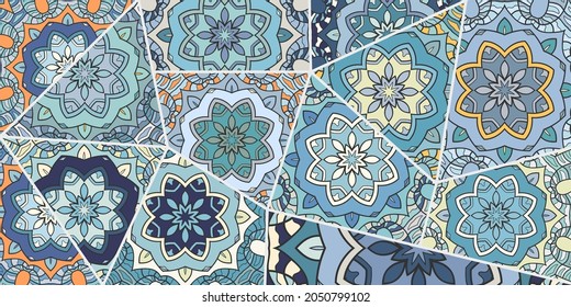 Vector patchwork quilt pattern. Vintage decorative collage. Hand drawn background. Indian, Arabic, Turkish motifs for printing on fabric or paper. Abstract colorful doodle pattern in mosaic style