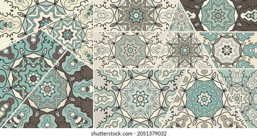 Vector patchwork quilt pattern. Vintage decorative collage. Hand drawn background. Indian, Arabic, Turkish motifs for printing on fabric or paper. Abstract colorful doodle pattern in mosaic style