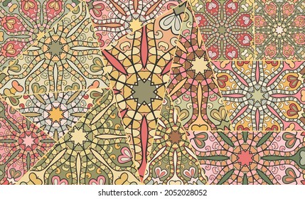 Vector patchwork quilt pattern. Vintage decorative collage. Hand drawn background. Indian, Arabic, Turkish motifs for printing on fabric or paper. Abstract colorful doodle pattern in mosaic style