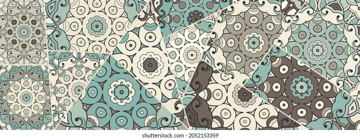 Vector patchwork quilt pattern. Vintage decorative collage. Hand drawn background. Indian, Arabic, Turkish motifs for printing on fabric or paper. Abstract colorful doodle pattern in mosaic style
