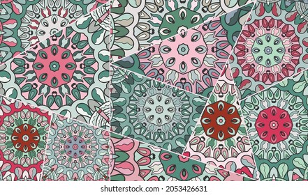 Vector patchwork quilt pattern. Vintage decorative collage. Hand drawn background. Indian, Arabic, Turkish motifs for printing on fabric or paper. Abstract colorful doodle pattern in mosaic style
