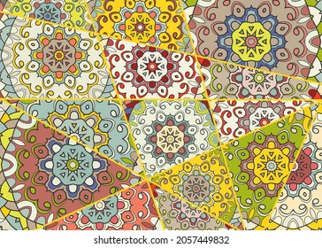 Vector patchwork quilt pattern. Vintage decorative collage. Hand drawn background. Indian, Arabic, Turkish motifs for printing on fabric or paper. Abstract colorful doodle pattern in mosaic style