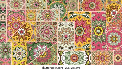 Vector patchwork quilt pattern. Vintage decorative collage. Hand drawn background. Indian, Arabic, Turkish motifs for printing on fabric or paper. Abstract colorful doodle pattern in mosaic style