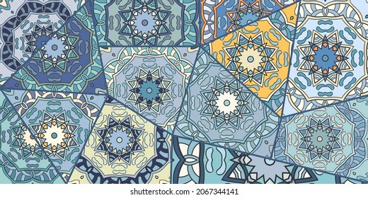 Vector patchwork quilt pattern. Vintage decorative collage. Hand drawn background. Indian, Arabic, Turkish motifs for printing on fabric or paper. Abstract colorful doodle pattern in mosaic style