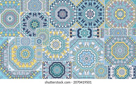 Vector patchwork quilt pattern. Vintage decorative collage. Hand drawn background. Indian, Arabic, Turkish motifs for printing on fabric or paper. Abstract colorful doodle pattern in mosaic style