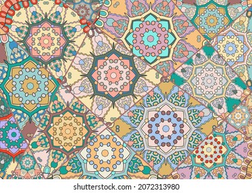 Patrón de tejido de retazos vectoriales. Collage decorativo vintage. Antecedentes dibujados a mano. Motivos indios, árabes, turcos para imprimir sobre tela o papel. Patrón de doodle colorido abstracto en estilo mosaico