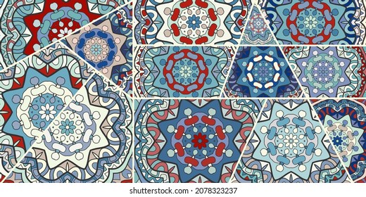 Vector patchwork quilt pattern. Vintage decorative collage. Hand drawn background. Indian, Arabic, Turkish motifs for printing on fabric or paper. Abstract colorful doodle pattern in mosaic style