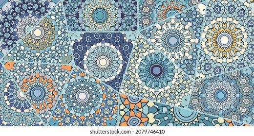 Vector patchwork quilt pattern. Vintage decorative collage. Hand drawn background. Indian, Arabic, Turkish motifs for printing on fabric or paper. Abstract colorful doodle pattern in mosaic style