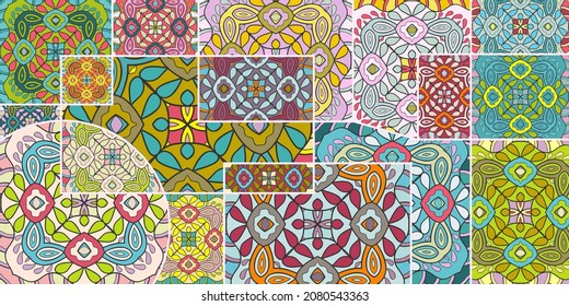 Vector patchwork quilt pattern. Vintage decorative collage. Hand drawn background. Indian, Arabic, Turkish motifs for printing on fabric or paper. Abstract colorful doodle pattern in mosaic style