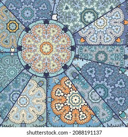Vector patchwork quilt pattern. Vintage decorative collage. Hand drawn background. Indian, Arabic, Turkish motifs for printing on fabric or paper. Abstract colorful doodle pattern in mosaic style