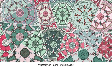 Patrón de tejido de retazos vectoriales. Collage decorativo vintage. Antecedentes dibujados a mano. Motivos indios, árabes, turcos para imprimir sobre tela o papel. Patrón de doodle colorido abstracto en estilo mosaico