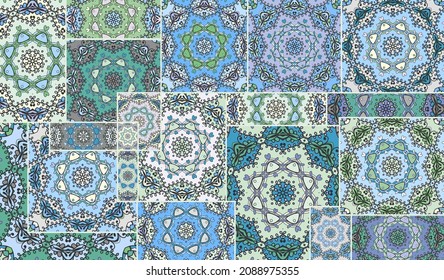 Vector patchwork quilt pattern. Vintage decorative collage. Hand drawn background. Indian, Arabic, Turkish motifs for printing on fabric or paper. Abstract colorful doodle pattern in mosaic style