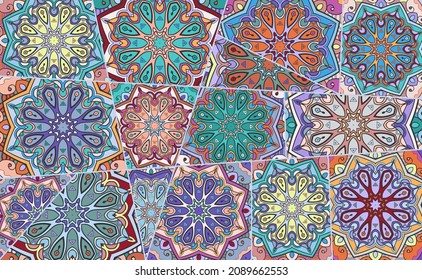 Vector patchwork quilt pattern. Vintage decorative collage. Hand drawn background. Indian, Arabic, Turkish motifs for printing on fabric or paper. Abstract colorful doodle pattern in mosaic style