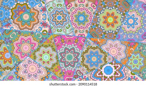Vector patchwork quilt pattern. Vintage decorative collage. Hand drawn background. Indian, Arabic, Turkish motifs for printing on fabric or paper. Abstract colorful doodle pattern in mosaic style