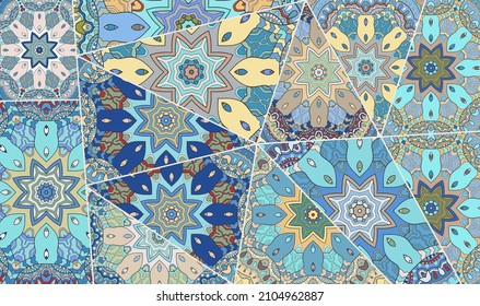 Vector patchwork quilt pattern. Vintage decorative collage. Hand drawn background. Indian, Arabic, Turkish motifs for printing on fabric or paper. Abstract colorful doodle pattern in mosaic style