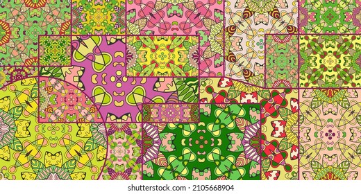 Vector patchwork quilt pattern. Vintage decorative collage. Hand drawn background. Indian, Arabic, Turkish motifs for printing on fabric or paper. Abstract colorful doodle pattern in mosaic style