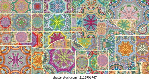 Vector patchwork quilt pattern. Vintage decorative collage. Hand drawn background. Indian, Arabic, Turkish motifs for printing on fabric or paper. Abstract colorful doodle pattern in mosaic style