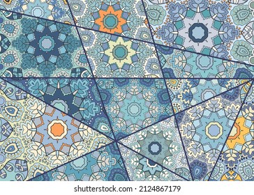 Vector patchwork quilt pattern. Vintage decorative collage. Hand drawn background. Indian, Arabic, Turkish motifs for printing on fabric or paper. Abstract colorful doodle pattern in mosaic style