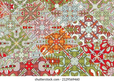 Vector patchwork quilt pattern. Vintage decorative collage. Hand drawn background. Indian, Arabic, Turkish motifs for printing on fabric or paper. Abstract colorful doodle pattern in mosaic style