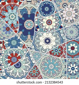 Vector patchwork quilt pattern. Vintage decorative collage. Hand drawn background. Indian, Arabic, Turkish motifs for printing on fabric or paper. Abstract colorful doodle pattern in mosaic style